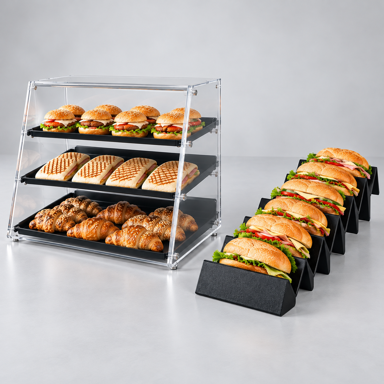 Food-Display mit drei Etagen und Snackwelle für belegte Brötchen und Gebäck in Bäckerei, Imbiss und Café