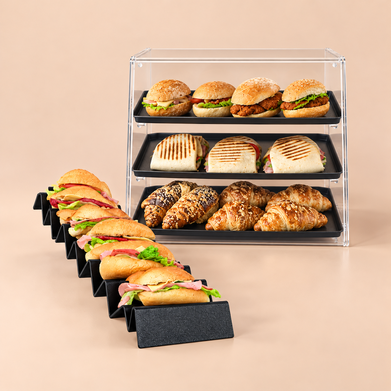 Food-Display mit drei Etagen und Snackwelle für belegte Brötchen und Gebäck in Bäckerei, Imbiss und Café