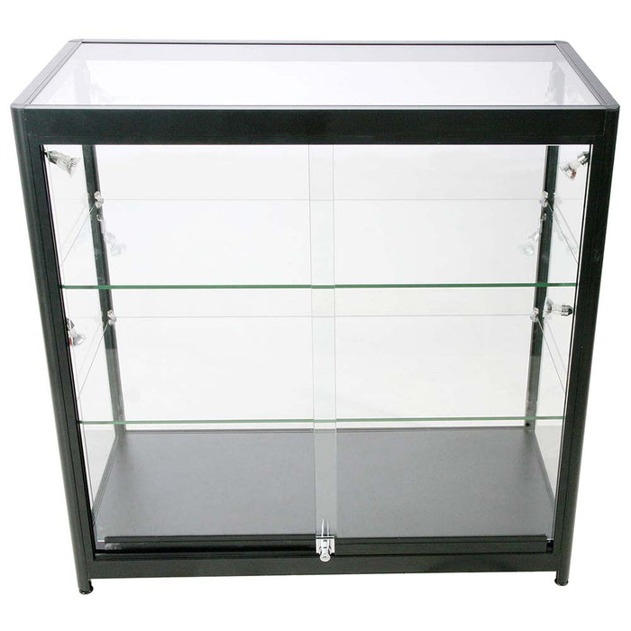 Glasvitrine Duo ohne Schrank in Schwarz mit LED-Spots, leicht schräge Ansicht