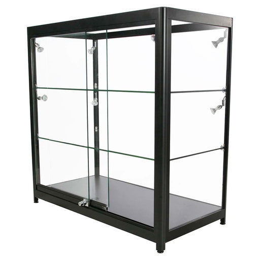 Glasvitrine Duo ohne Schrank in Schwarz mit LED-Spots, Schrägansicht