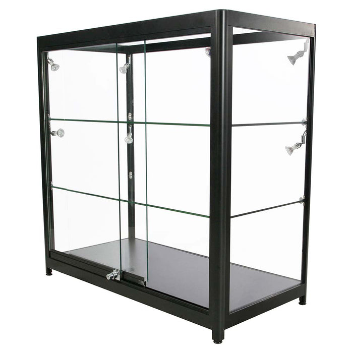Glasvitrine Duo ohne Schrank in Schwarz mit LED-Spots, Schrägansicht