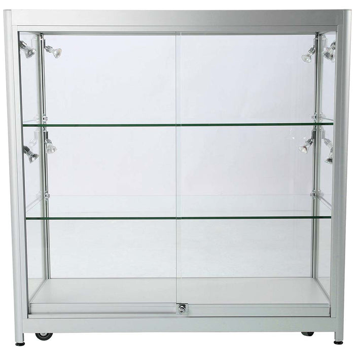 Glasvitrine Duo ohne Schrank in Silber mit LED-Spots, Frontansicht