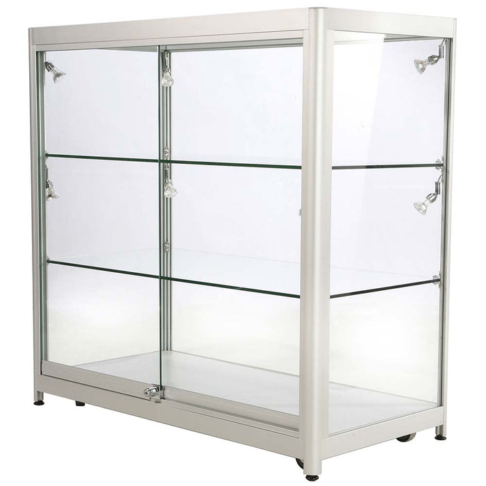 Glasvitrine Duo ohne Schrank in Silber mit LED-Spots, Schrägansicht