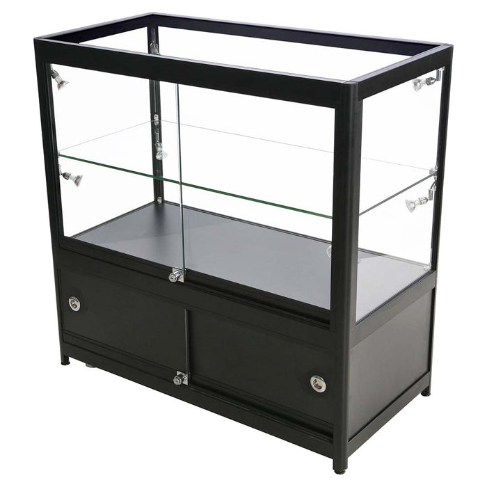 Glasvitrine Duo Tisch mit Schrank in Schwarz mit LED-Spots, leicht schräge Ansicht