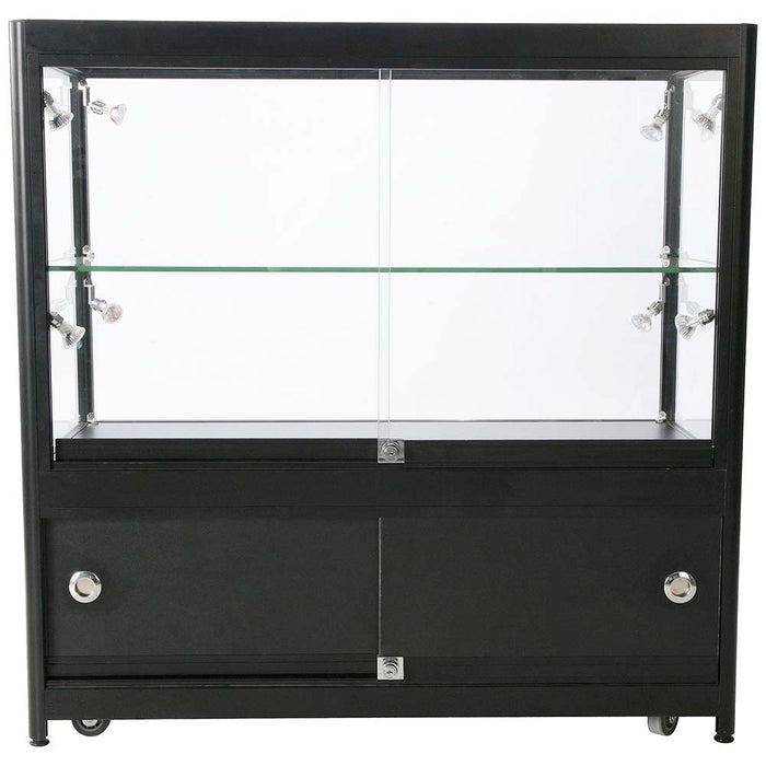 Glasvitrine Duo Tisch mit Schrank in Schwarz mit LED-Spots, Frontansicht