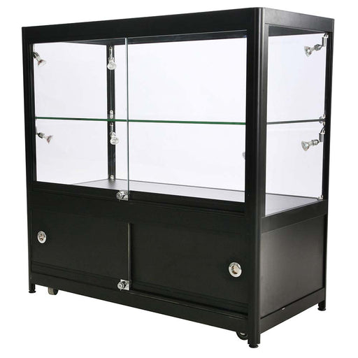 Glasvitrine Duo Tisch mit Schrank in Schwarz mit LED-Spots, Schrägansicht