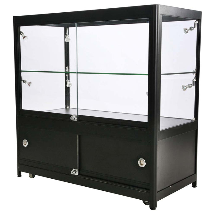 Glasvitrine Duo Tisch mit Schrank in Schwarz mit LED-Spots, Schrägansicht