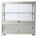 Glasvitrine Duo Tisch mit Schrank in Silber mit LED-Spots, leicht schräge Ansicht