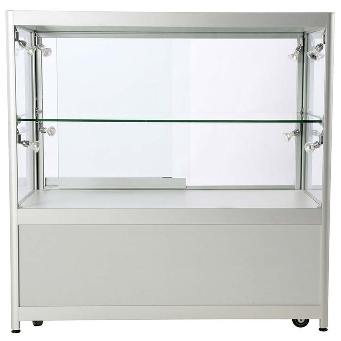 Glasvitrine Duo Tisch mit Schrank in Silber mit LED-Spots, Frontansicht