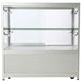 Glasvitrine Duo Tisch mit Schrank in Silber mit LED-Spots, Frontansicht