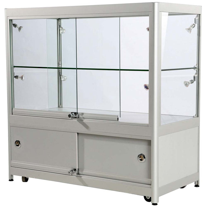 Glasvitrine Duo Tisch mit Schrank in Silber mit LED-Spots, Schrägansicht