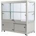 Glasvitrine Duo Tisch mit Schrank in Silber mit LED-Spots, Schrägansicht