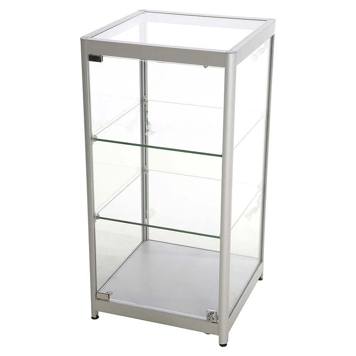 Silberne Glasvitrine Solo mit LED-Spots und transparenten Glasflächen
