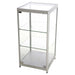 Silberne Glasvitrine Solo mit LED-Spots und transparenten Glasflächen