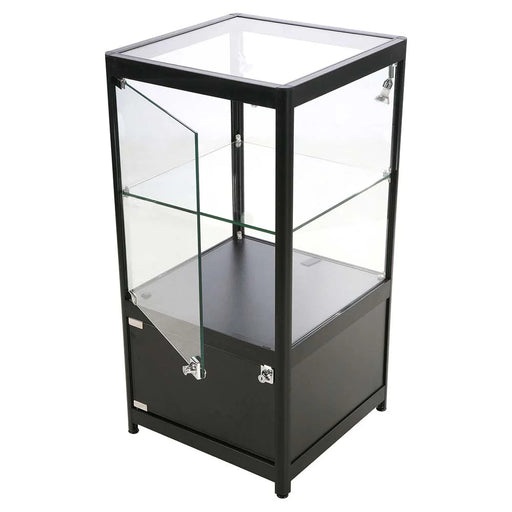 Glasvitrine Solo in Schwarz mit LED-Beleuchtung, Glasablage und abschließbarem Unterschrank