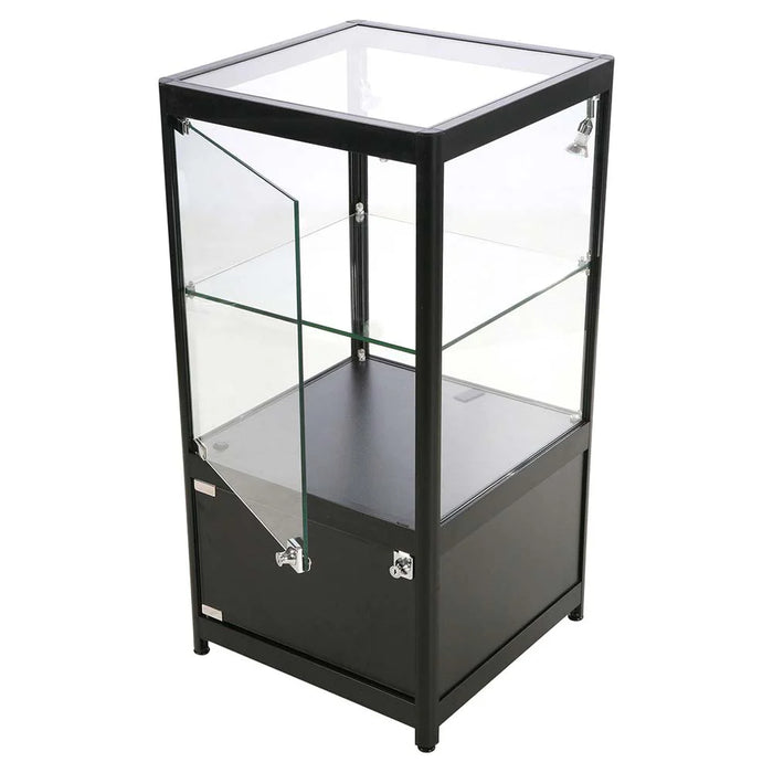 Glasvitrine Solo in Schwarz mit LED-Beleuchtung, Glasablage und abschließbarem Unterschrank