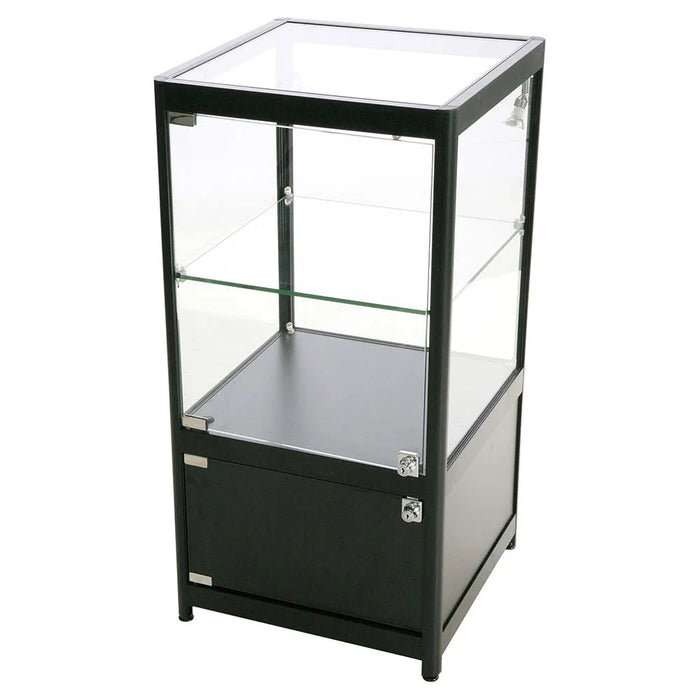 Schwarze Glasvitrine Solo mit Glastür, Glasablage und Stauraum im Unterschrank