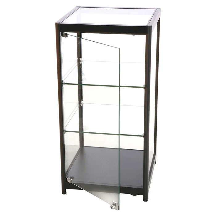 Schwarze Glasvitrine Solo mit geöffneter Tür und zwei Glasböden