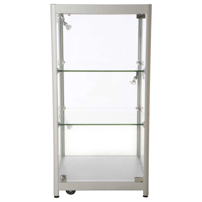 Glasvitrine Solo in Silber mit zwei Glasböden und abschließbarer Tür