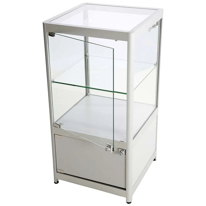 Glasvitrine Solo in Silber mit LED-Beleuchtung und abschließbarem Unterschrank