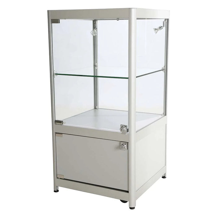Silberne Glasvitrine Solo mit transparenter Verglasung und abschließbarem Schrank