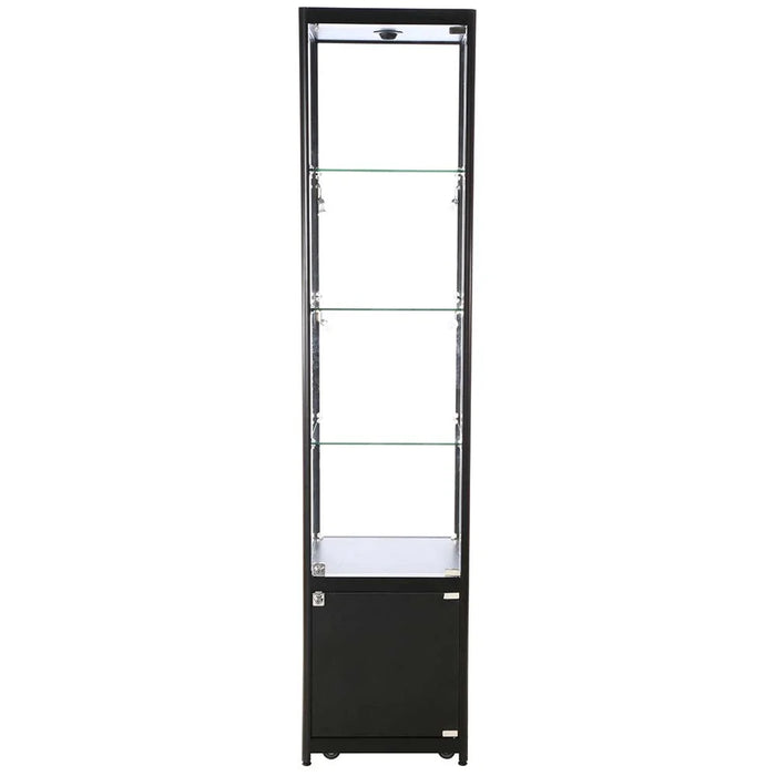 Schwarze Standvitrine mit drei Glasablagen und abschließbarem Unterschrank, Frontansicht