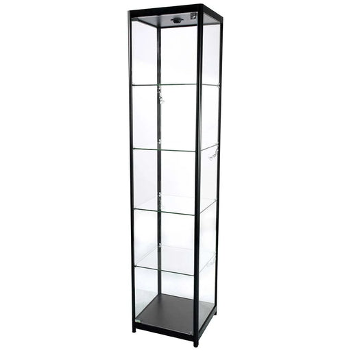 Glasvitrine Solo Tower in Schwarz mit vier Glasböden und LED-Beleuchtung