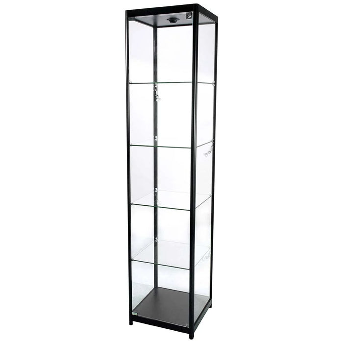 Glasvitrine Solo Tower in Schwarz mit vier Glasböden und LED-Beleuchtung