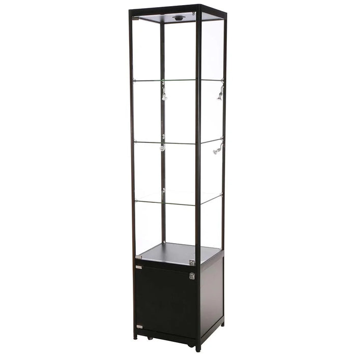 Schwarze Glasvitrine Solo Tower mit Unterschrank und LED-Beleuchtung