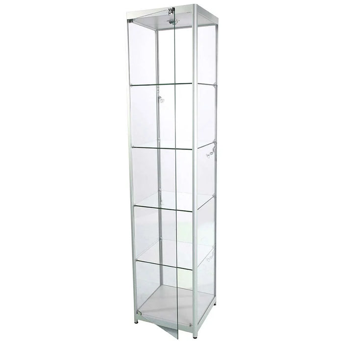 Silberne Glasvitrine Solo Tower mit Glastür und integrierter Beleuchtung
