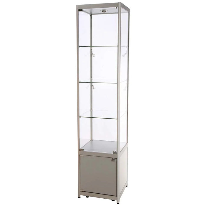 Silberne Glasvitrine Solo Tower mit Unterschrank und LED-Beleuchtung