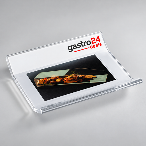 Zahlteller Acryl mit Werbefläche A5 – transparent, zum Einschieben von Flyern, 210 × 170 mm