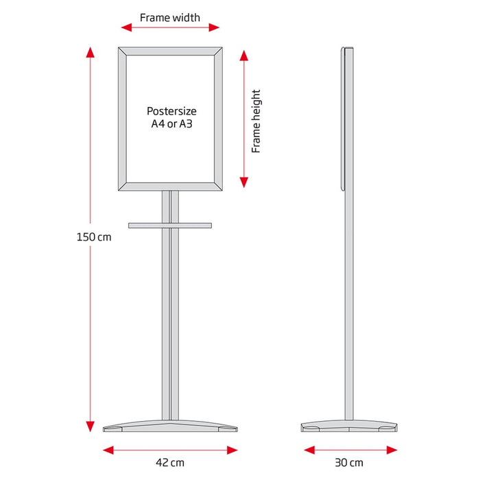 Maßzeichnung Infoständer mit Klapprahmen A4 / A3: Höhe 150 cm, Fuß 42 x 30 cm