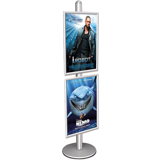 Infoständer einseitig mit zwei Klapprahmen übereinander freistehend als Bodenständer für Poster im Innenbereich