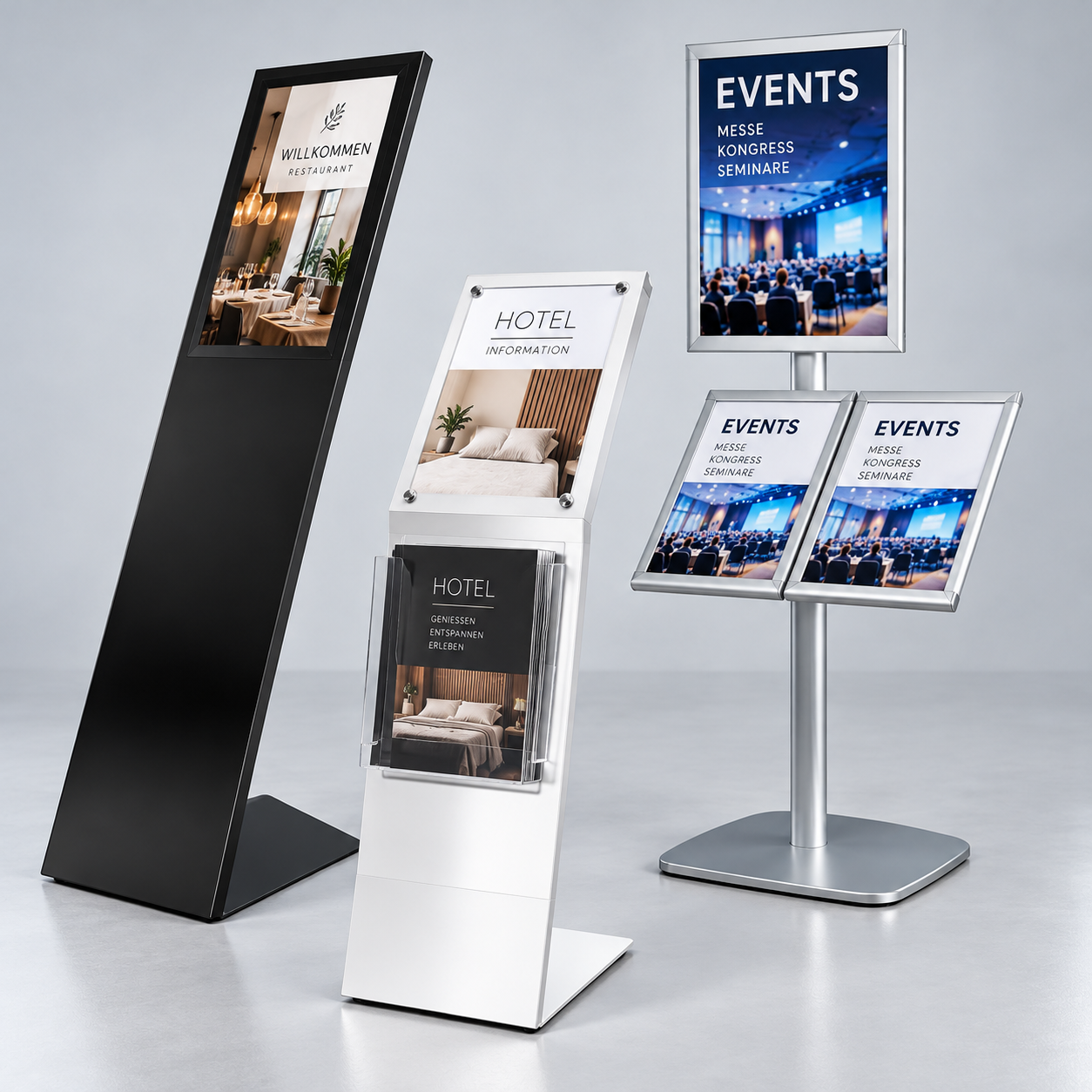 Freistehende Infoständer mit Display, Plakatrahmen und Prospekthalter für Empfang, Eingangsbereich und Verkaufsraum