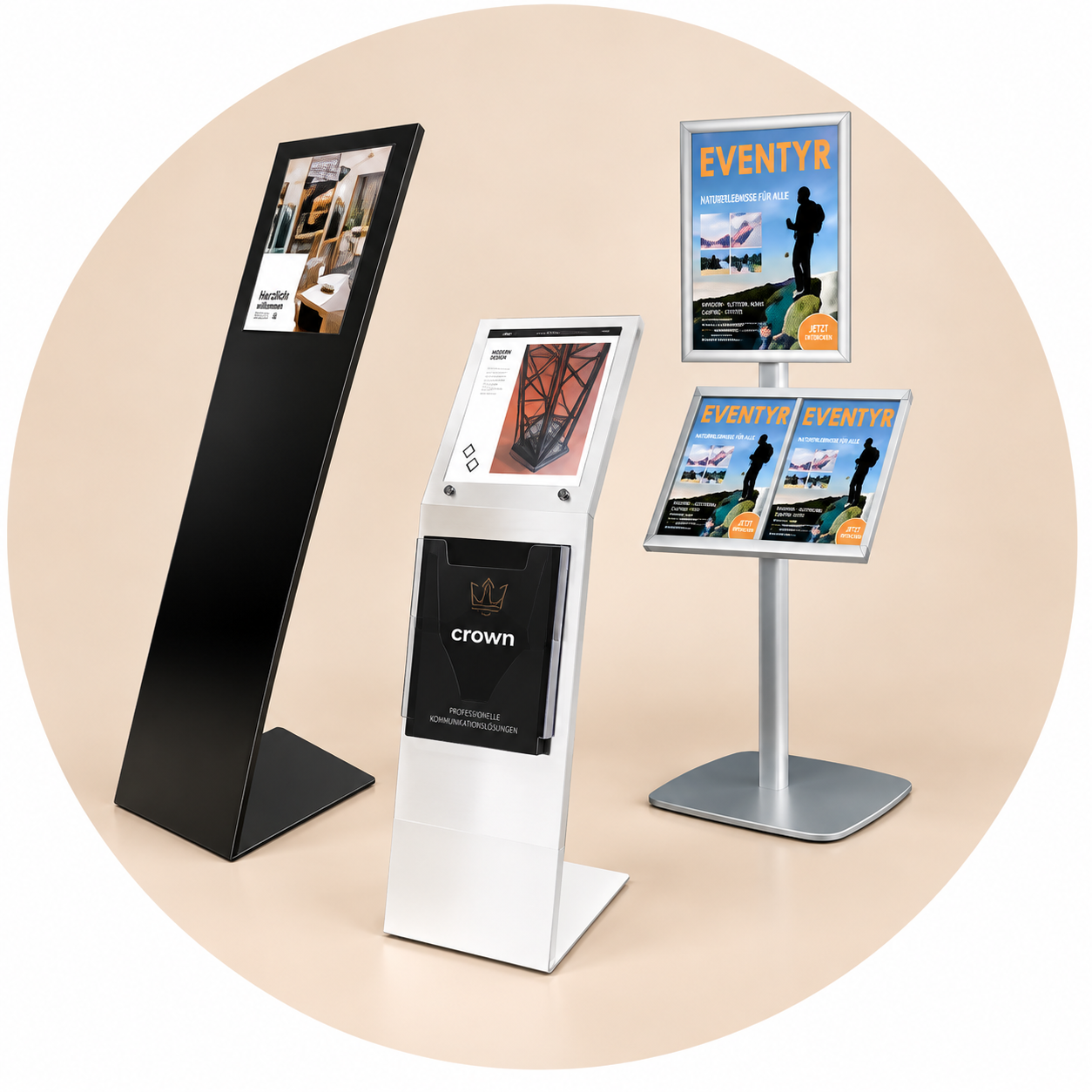 Freistehende Infoständer mit Display, Plakatrahmen und Prospekthalter für Empfang, Eingangsbereich und Verkaufsraum