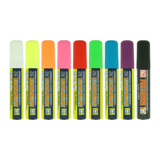 ZIG Illumigraph Kreidemarker 15 mm in 9 Farben: Weiß, Gelb, Orange, Pink, Rot, Grün, Blau, Violett und Schwarz