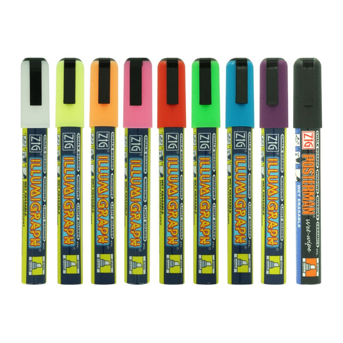 ZIG Illumigraph Kreidemarker 6 mm in 9 Farben: Weiß, Gelb, Orange, Pink, Rot, Grün, Blau, Violett und Schwarz