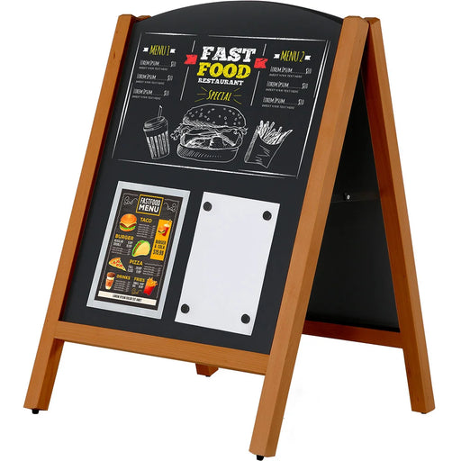 Kundenstopper aus dunkel lasiertem Buchenholz mit magnetischer Metalltafel 59 × 78 cm