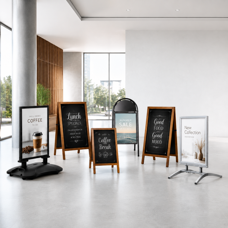 Auswahl an Kundenstoppern und Straßenständern für Gastronomie, Einzelhandel und Gewerbe mit Holz-, Aluminium- und Outdoor-Werbeaufstellern