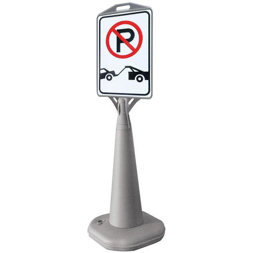 Kundenstopper Wegweiser aus grauem Kunststoff mit befüllbarem Wassertank und beidseitiger Werbefläche