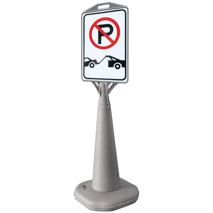 Kundenstopper Wegweiser aus grauem Kunststoff mit befüllbarem Wassertank und beidseitiger Werbefläche