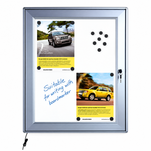 LED-Schaukasten mit Aluminiumrahmen und Schloss, magnetische Weißtafel-Rückwand mit zwei Plakaten und Magneten, beleuchtet