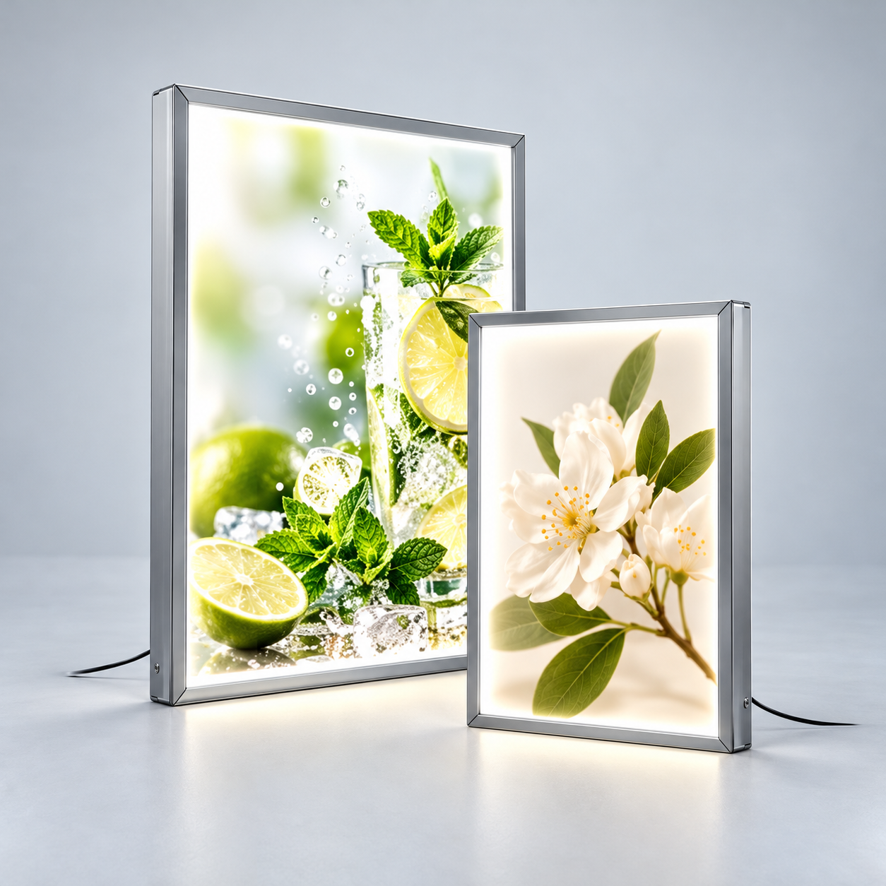Zwei beleuchtete LED-Leuchtkästen im Aluminiumrahmen als Werbedisplay für Gastronomie und Einzelhandel