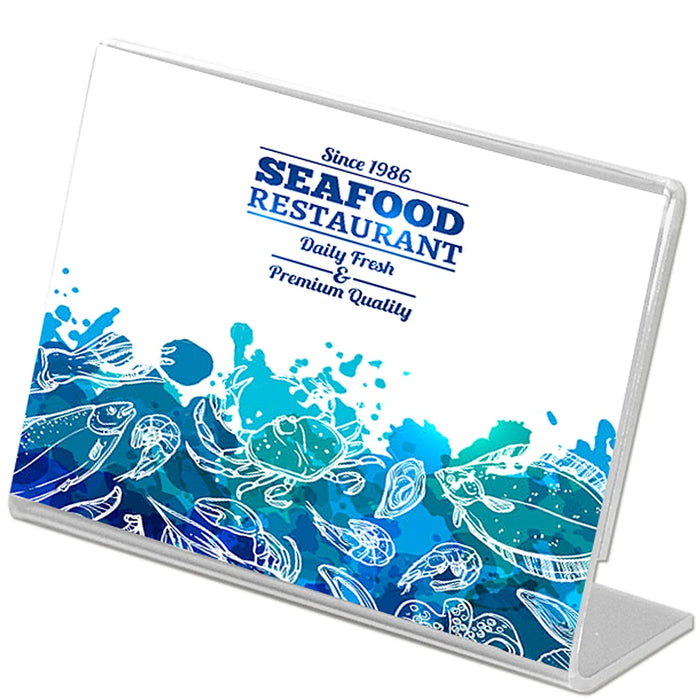 Transparenter Menühalter Tischaufsteller L-Horizontal aus Acryl für Speisekarten und Flyer auf Theke oder Tisch