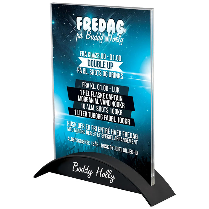 Menühalter Rocket Acryl Tischaufsteller mit schwarzem gebogenen Standfuß und eingesetzter Werbekarte