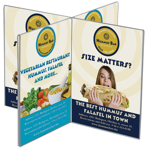 Acryl Tischaufsteller Cross mit acht Werbeflächen für Speisekarten, Angebote und Werbung im Restaurant oder Empfangsbereich