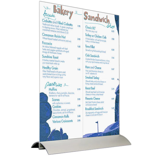 Menühalter Tischaufsteller Swing Wing Vertikal aus Acryl mit Aluminiumfuß für Speisekarten und Tischinformationen