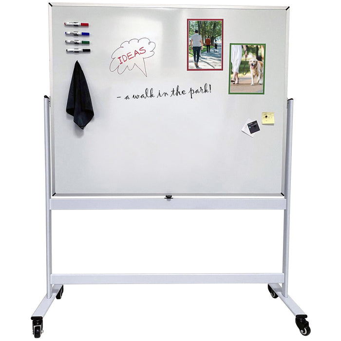 Doppelseitiges mobiles Whiteboard mit magnetischer Keramikoberfläche, Markerablage und feststellbaren Rollen