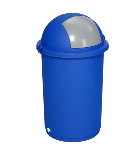 Blauer Mülleimer aus Kunststoff mit Wippdeckel